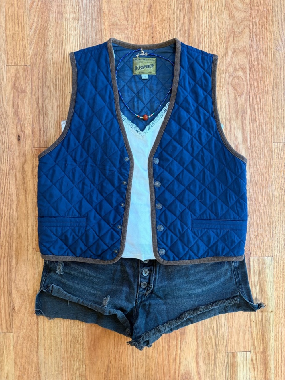 Essence Quilted Navy Vest with Brown Trim